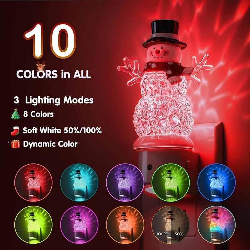 Snowman Night Light with 3 Lighting Modes, Dusk to Dawn Sensor, 8 Colors | Snowman Christmas Plug-in