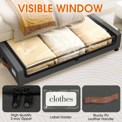 SpaceHacks Under Bed Storage Containers - 2-Pack Rolling Drawers with Clear Window & Label | Dark Grey (30.71 x 16.93 x 6.69 in)