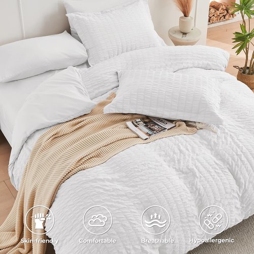 HYMOKEGE White Duvet Cover Queen Size, Ultra Soft 3-Piece Seersucker Duvet Cover Set with Zipper Closure, Soft Brushed Microfiber Bedding Set with 8 Corner Ties (90"x90", 2 Pillowshams)