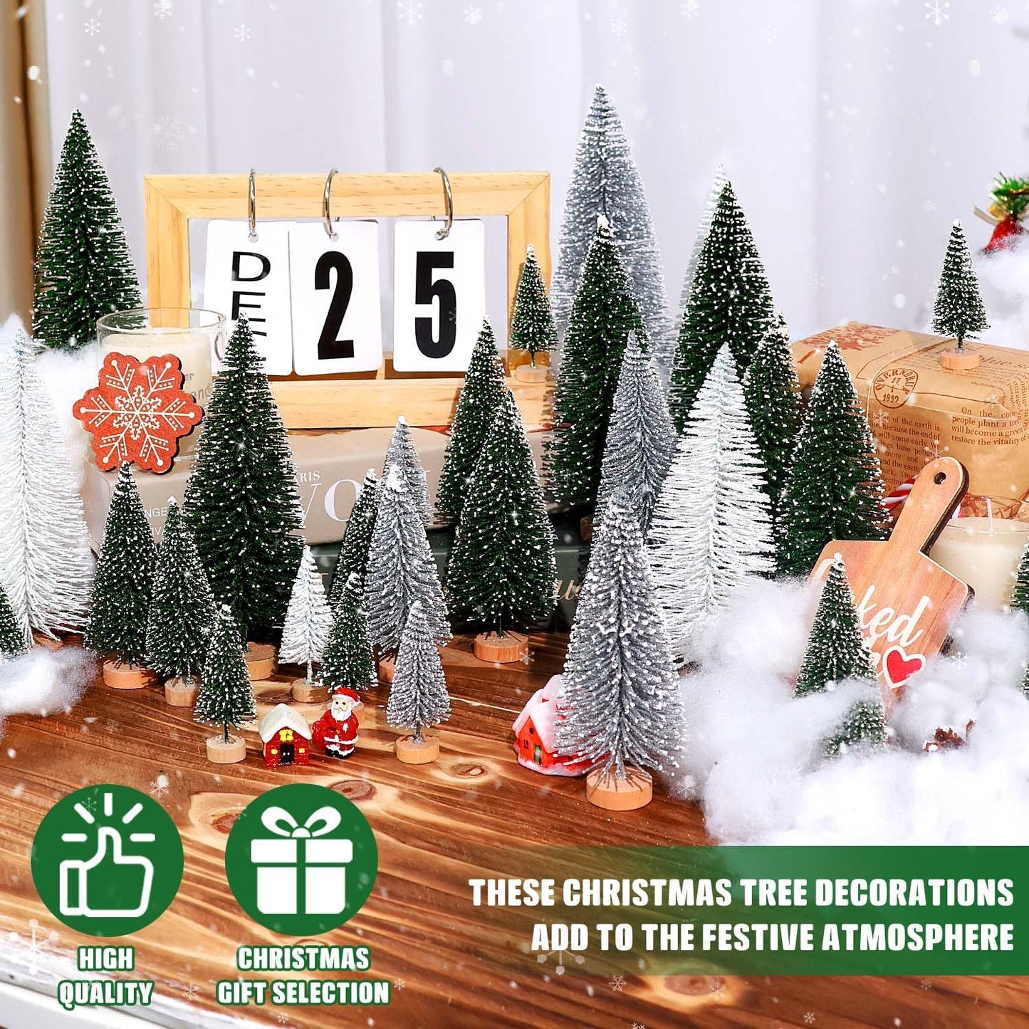 Skiennix 30Pcs Mini Christmas Trees - Artificial Bottle Brush Trees with Wooden Base | Green, Silver, White Decor