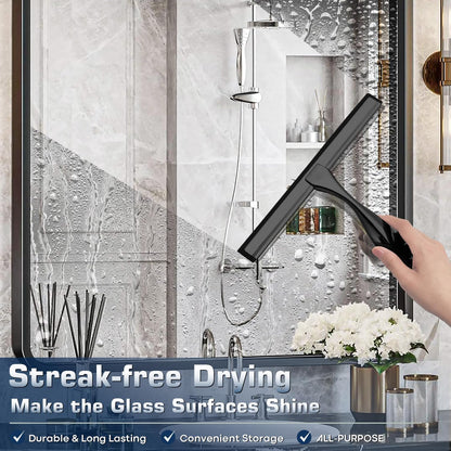 Skiennix Stainless Steel Shower Squeegee - Includes 3 Adhesive Hooks | 12-Inch Black for Glass & Tiles