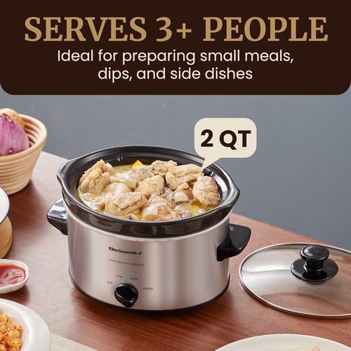 Elite Gourmet MST-275XS Electric Oval Slow Cooker - Adjustable Temperature, 2 Quart, Stainless Steel, Dishwasher Safe Lid