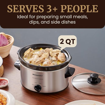 Elite Gourmet MST-275XS Electric Oval Slow Cooker - Adjustable Temperature, 2 Quart, Stainless Steel, Dishwasher Safe Lid