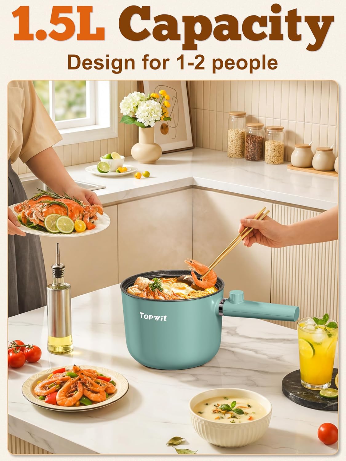 Topwit Electric Hot Pot - 1.5L Portable Ramen Cooker with Non-Stick Frying Pan & Dual Power Control - Green