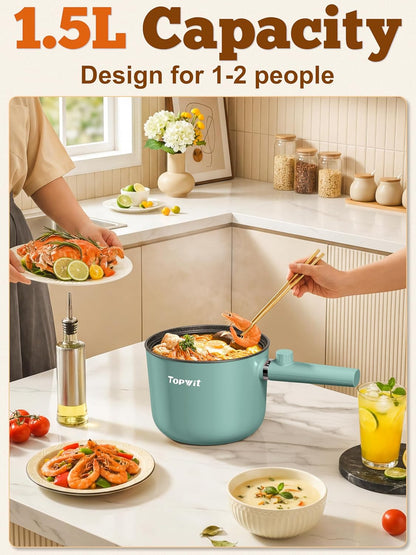 Topwit Electric Hot Pot - 1.5L Portable Ramen Cooker with Non-Stick Frying Pan & Dual Power Control - Green