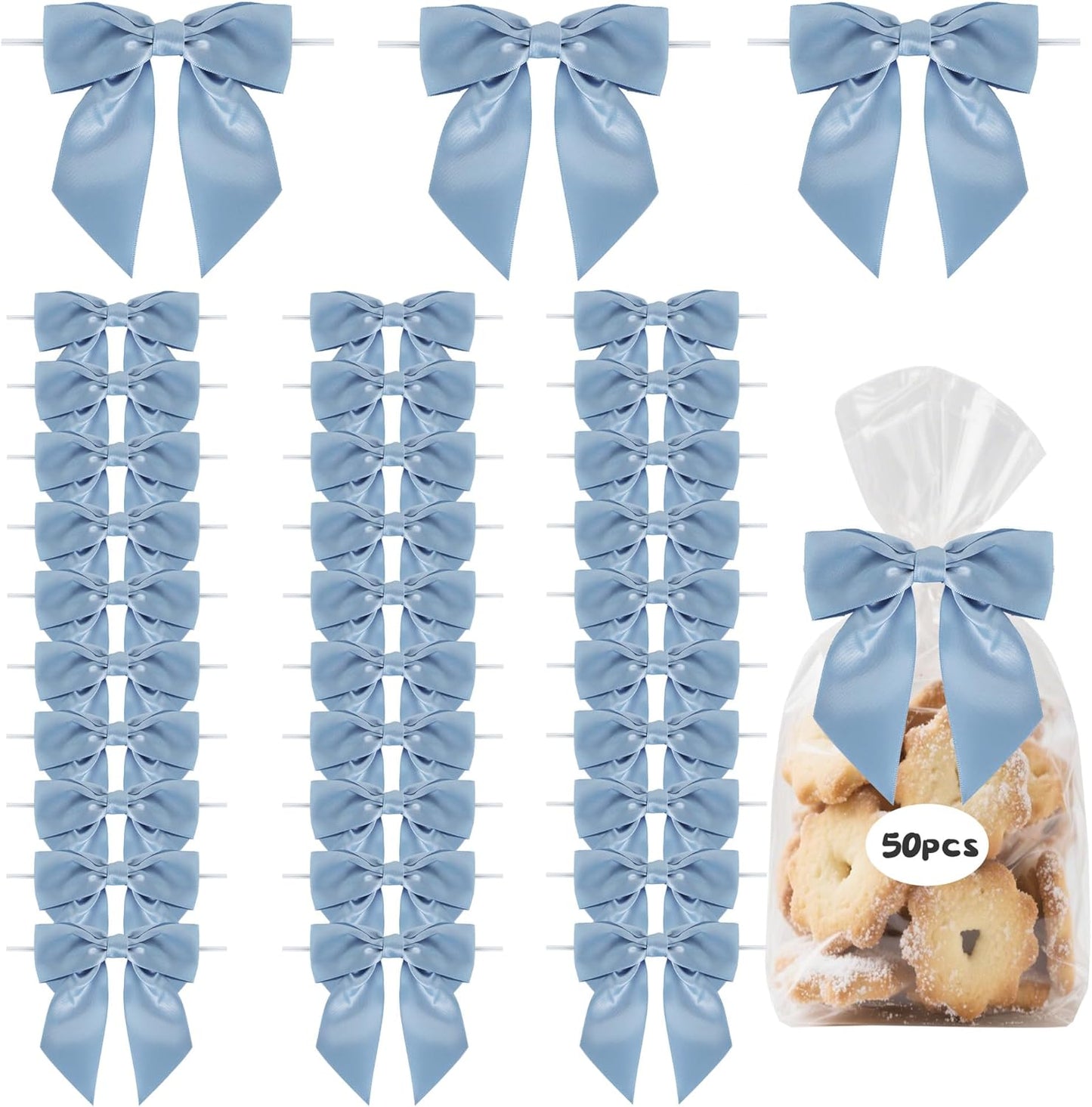 TONIFUL Dusty Blue Satin Ribbon Bows - 50pcs Decorative 4.5 Inch Bows for Gifts, Crafts & Parties