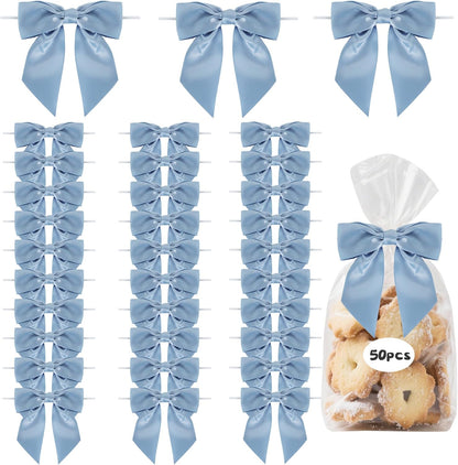 TONIFUL Dusty Blue Satin Ribbon Bows - 50pcs Decorative 4.5 Inch Bows for Gifts, Crafts & Parties
