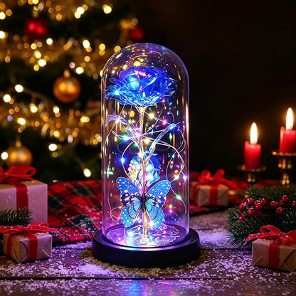 Blue Galaxy Rose LED Glass Dome with Butterfly Ornament – Valentines Gift for Women