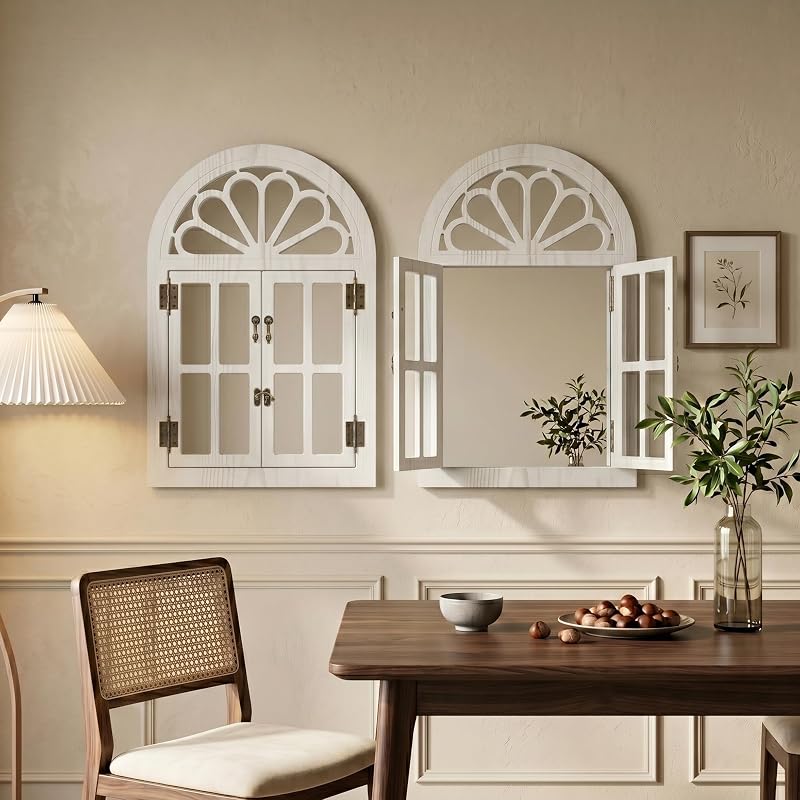Arched Window Mirror with Petal Top - Farmhouse Wall Decor, 24" x 36" White