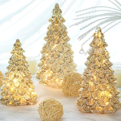 KI Store Lighted Glass Christmas Tree Figurine Set - Timer-Operated Mercury Glass Decor | 3-Piece Centerpiece