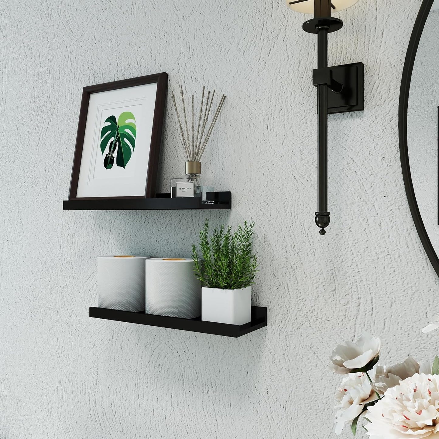 Skiennix Black Floating Shelves - Wall-Mounted Wood Storage for Bedroom, Living Room & Kitchen | Set of 2, 14 Inches