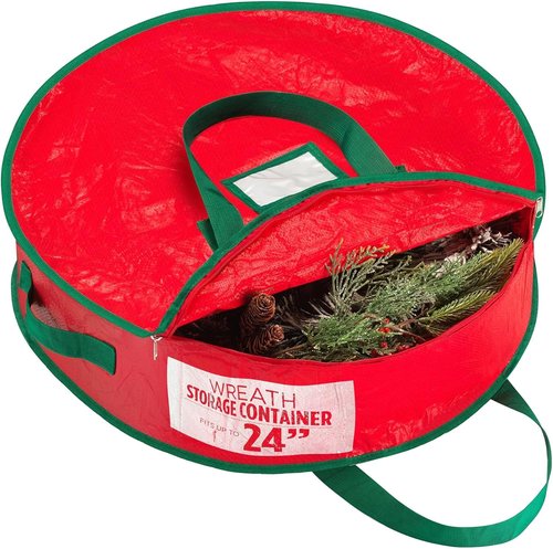 Handy Laundry Wreath Storage Bag - 24 Inch Durable Tarp Container with Zipper & Handles | Protects Holiday Decor, Fits Multiple Wreaths, Red
