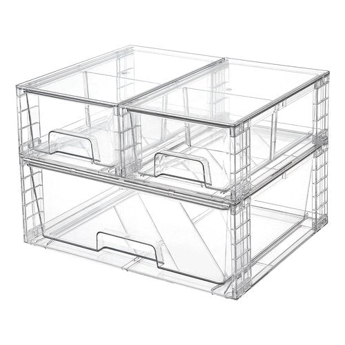 Vtopmart 3 Pack Stackable Storage Drawers, Easily Assemble Acrylic Bathroom Undersink Organizers,Clear Plastic Storage Bins for Closet,Cabinet,Pantry,Medicine Organization