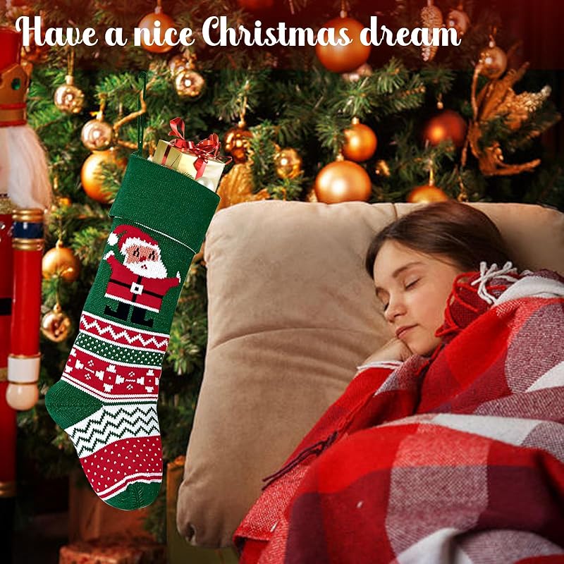 Large Knit Christmas Stockings with Santa Embroidery - Red & Green Xmas Stockings (Variation: Santa)