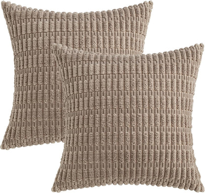 MIULEE Euro Sham Pillow Covers - Soft Boho Striped Corduroy | Pack of 2, 22x22 Inch, Light Brown