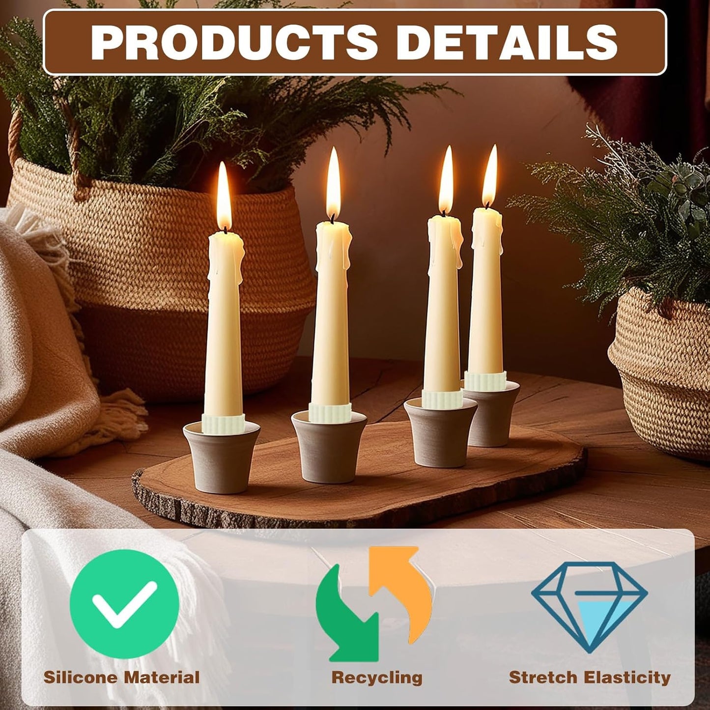 Skiennix Candle Grippers - 20Pcs Flexible Silicone Stabilizers for Taper Candles | 10 Adhesive & 10 Fitters