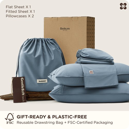 Bedsure Bamboo Viscose Cooling Sheets, Rayon Cotton Serene Blend, PureWoven, Breathable & Buttery Soft Queen Size Bed Set, Deep Pocket Up to 18", Hotel Luxury Bedding for Hot Sleepers, Dusty Blue