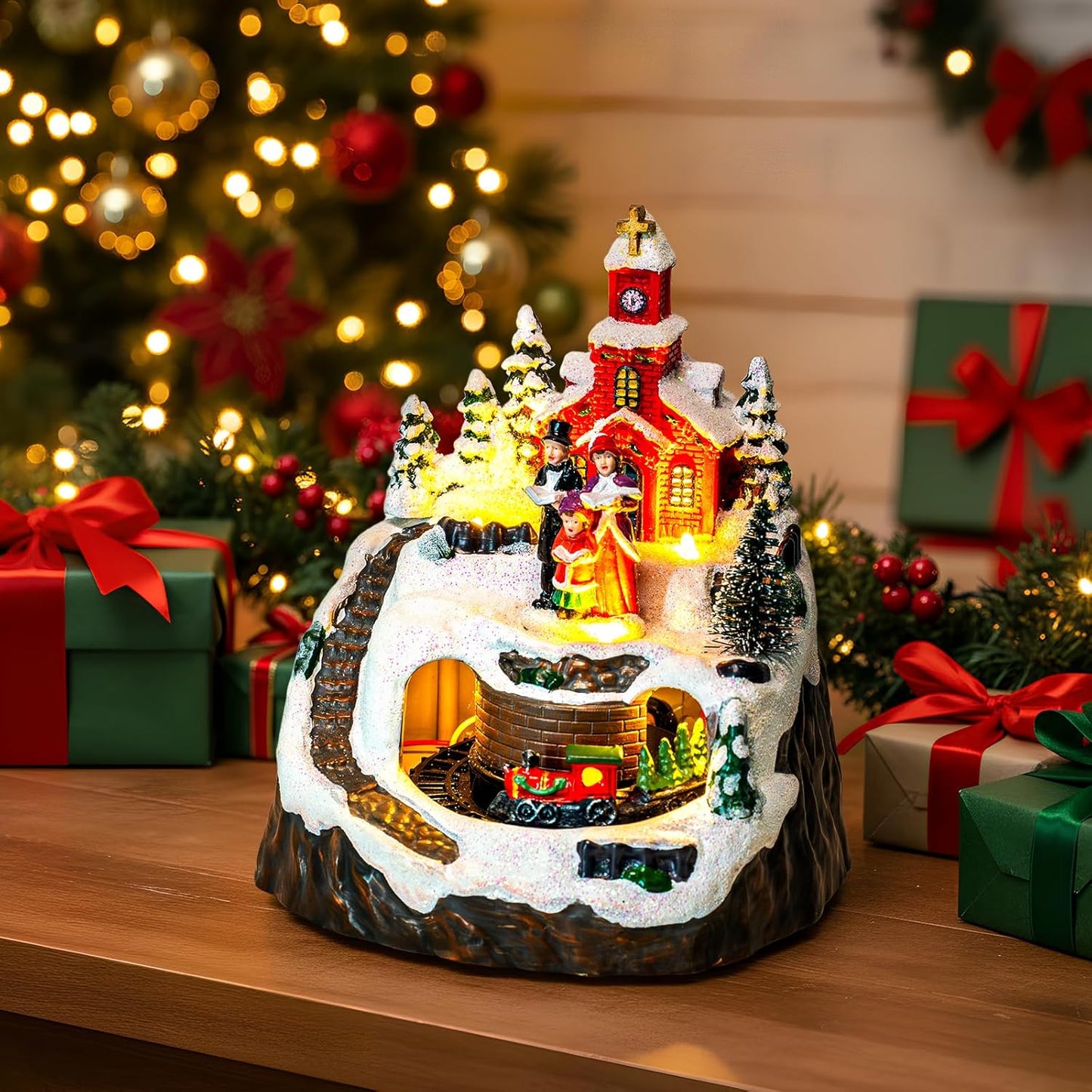 MXwcy Animated Christmas Village Decoration - Lighted Church Choir & Moving Train | Holiday Centerpiece