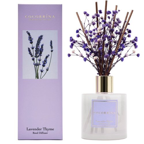 Cocorrína Premium Reed Diffuser Set with Preserved Baby's Breath & Cotton Stick Lavender Thyme | 6.76 Fl.oz Scent Diffuser for Bedroom Bathroom Home Décor