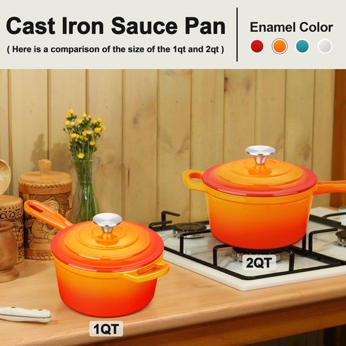 Enameled Cast Iron Sauce Pan with Lid, Leonyo 1 Quart Saucepan with Lid, Small Enamel Cast Iron Dutch Oven Kitchen Cookware for All Cooktops Making Pasta Sauce, Soup, Milk - Up to 500°F & Orange