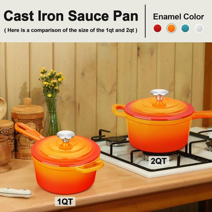 Enameled Cast Iron Sauce Pan with Lid, Leonyo 1 Quart Saucepan with Lid, Small Enamel Cast Iron Dutch Oven Kitchen Cookware for All Cooktops Making Pasta Sauce, Soup, Milk - Up to 500°F & Orange