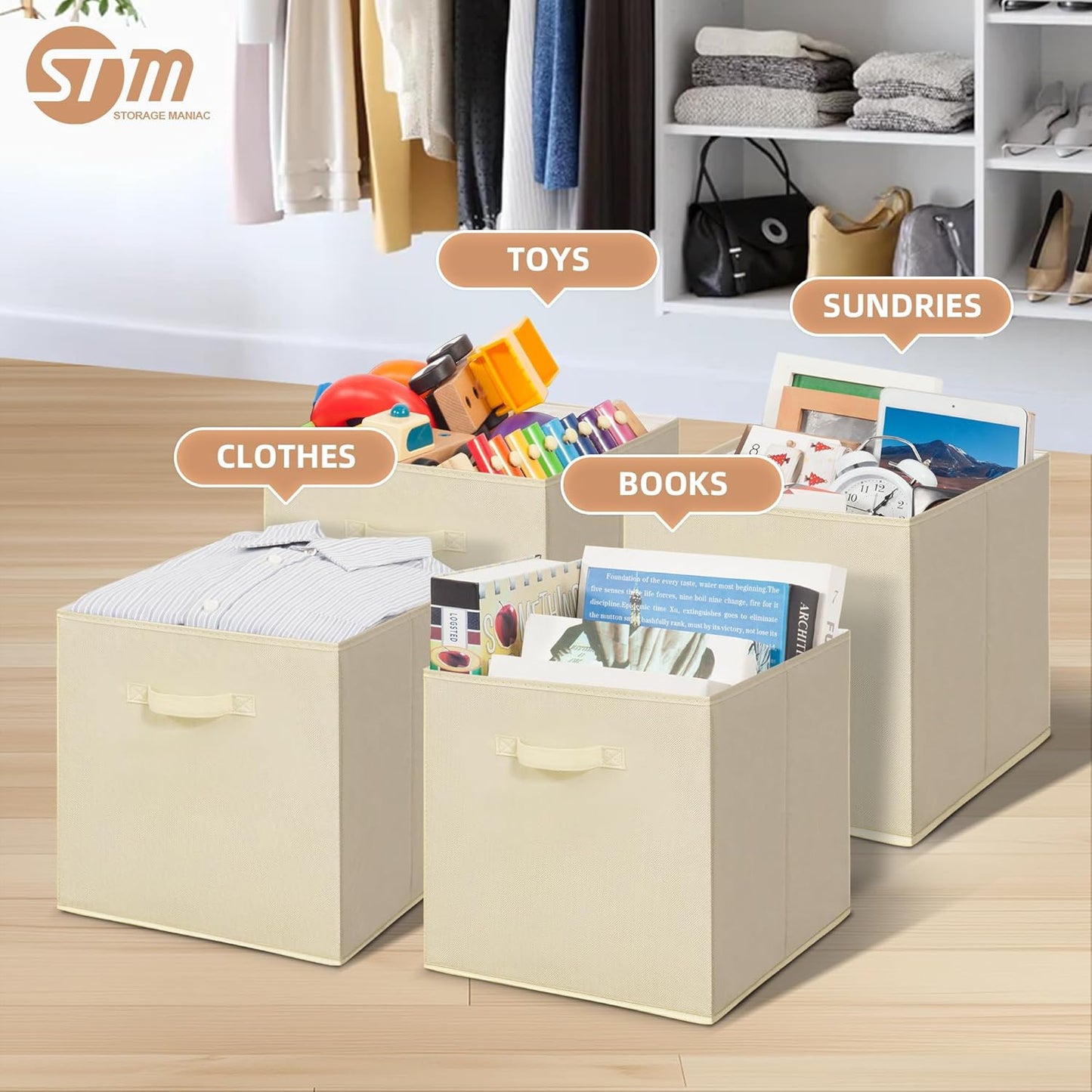 Storage Maniac Storage Cubes - 13-Inch Collapsible Fabric Bins with Handles | 6-Pack Beige for Easy Organization