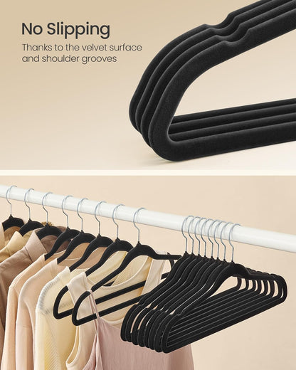 SONGMICS Velvet Hangers - 100 Pack Non-Slip Clothes Hangers with Silver Swivel Hooks | Slim Heavy-Duty Black