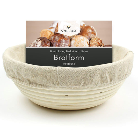 Vollum Bread Proofing Basket Banneton Baking Supplies for Beginners & Professional Bakers, Handwoven Rattan Cane Bread Maker with Linen for Artisan Breads, 9.5 x 4.25 Inch, 2-Pound Round Brotform