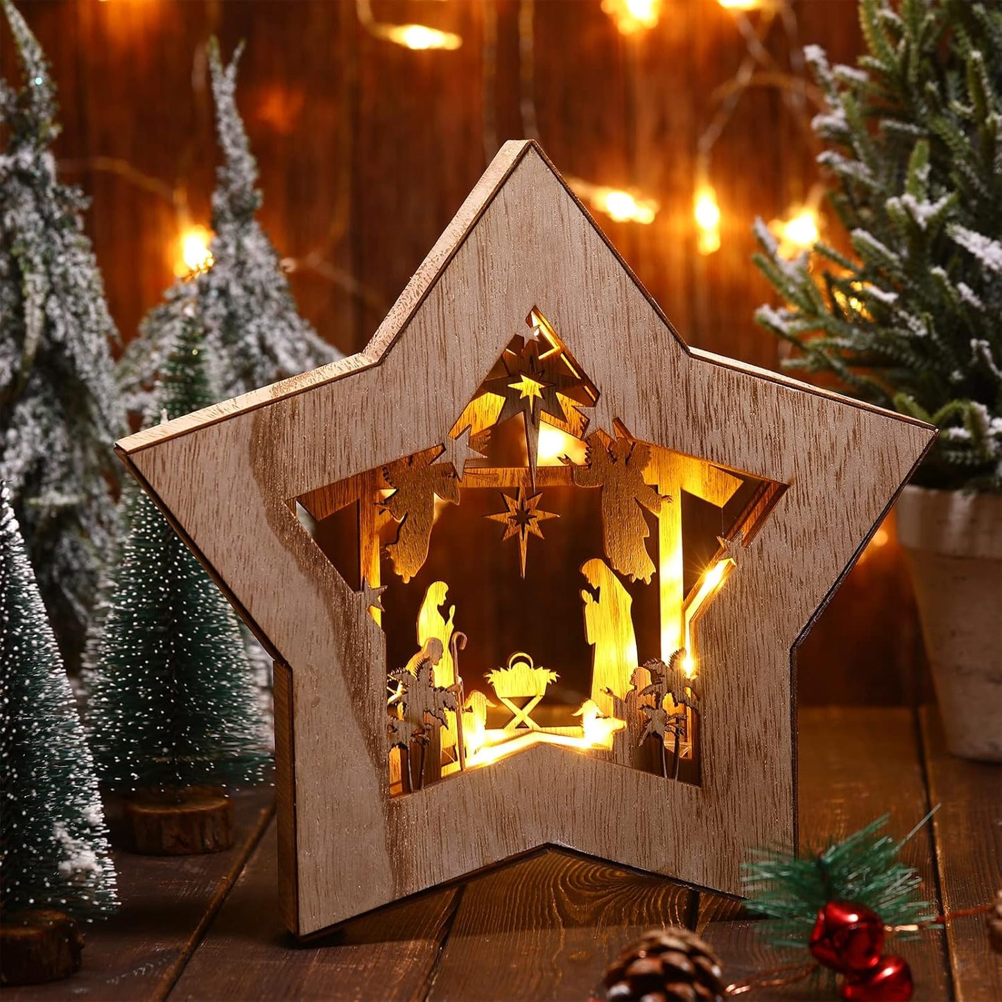 Wooden Nativity Scene Set - Rustic Christmas Tabletop Decor with LED Light for Indoor Display