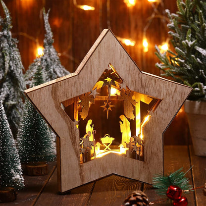 Wooden Nativity Scene Set - Rustic Christmas Tabletop Decor with LED Light for Indoor Display