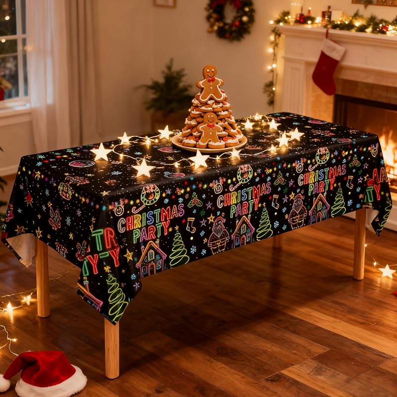Disposable 54x108 Inch Christmas Tablecloths - 3 Pack Neons on Black Festive Holiday Cover