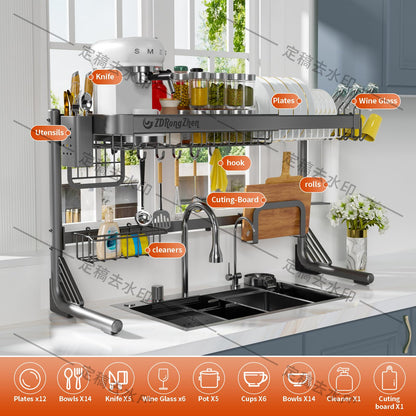 ZDRongZhen Over The Sink Dish Drying Rack,3 tier Full 304 Stainless Steel dish Drainer rack,Adjustable Length (22.8''~35.04'') Kitchen Storage Counter with Cup Hanging Set and Hook (Dark grey-2Tier)