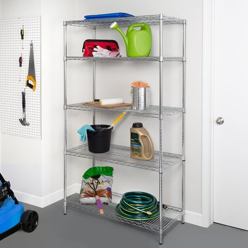 Honey-Can-Do Heavy-Duty 5-Tier Metal Storage Rack - 800 lb Capacity, Chrome Finish, 18" W x 42" L x 72" H
