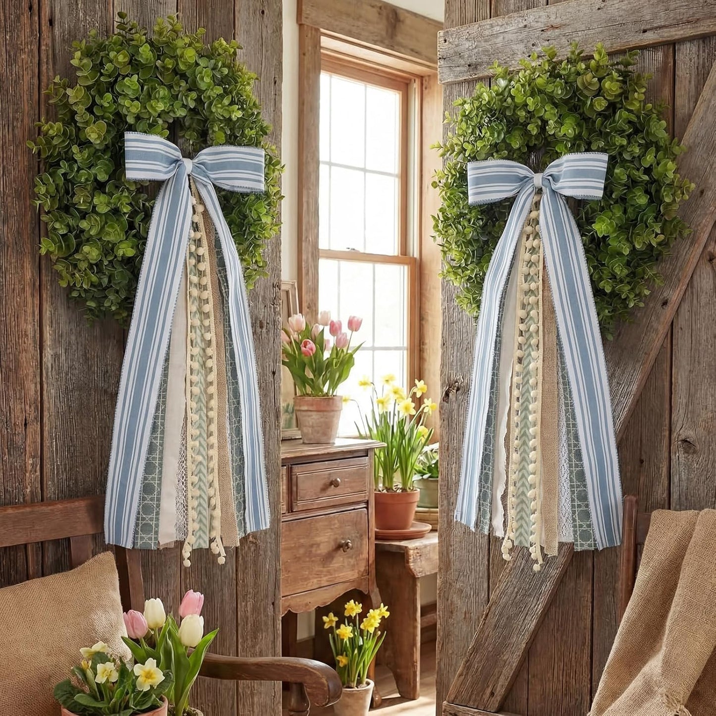 Suncalla Ribbon Bow Bundle - 2 Pcs Grayish Blue & Ivory for Large Wreaths | Indoor & Outdoor Decor