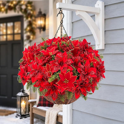 Artificial Velvet Poinsettia Hanging Baskets Outdoor 2-Pack - Red & Green
