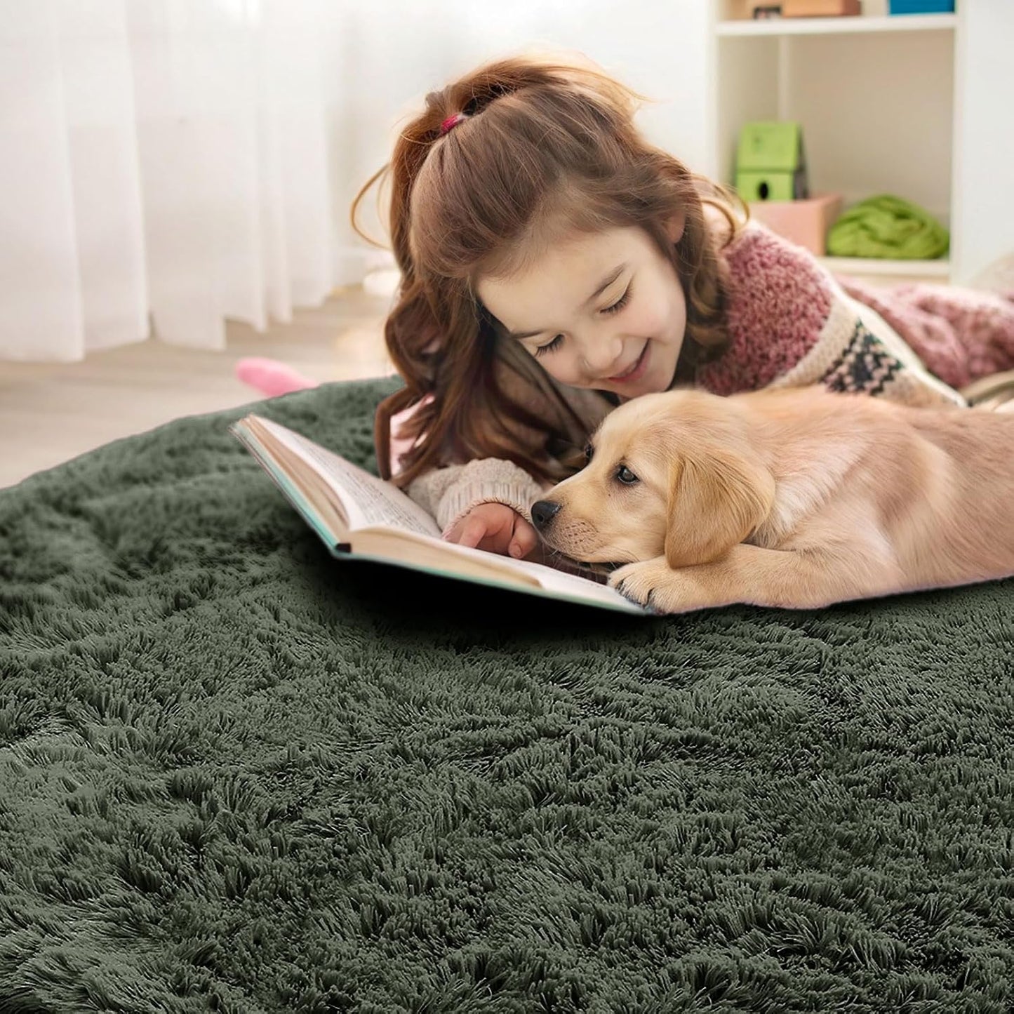 OLANLY Olive Green Round Rug - Soft & Fluffy Machine Washable 2 ft Circle Area Rug for Bedroom & Living Room