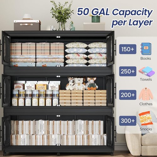 250GAL Extra Large Storage Bins - Stackable Collapsible Plastic Containers with Lid & Wheels | 5-Pack Black