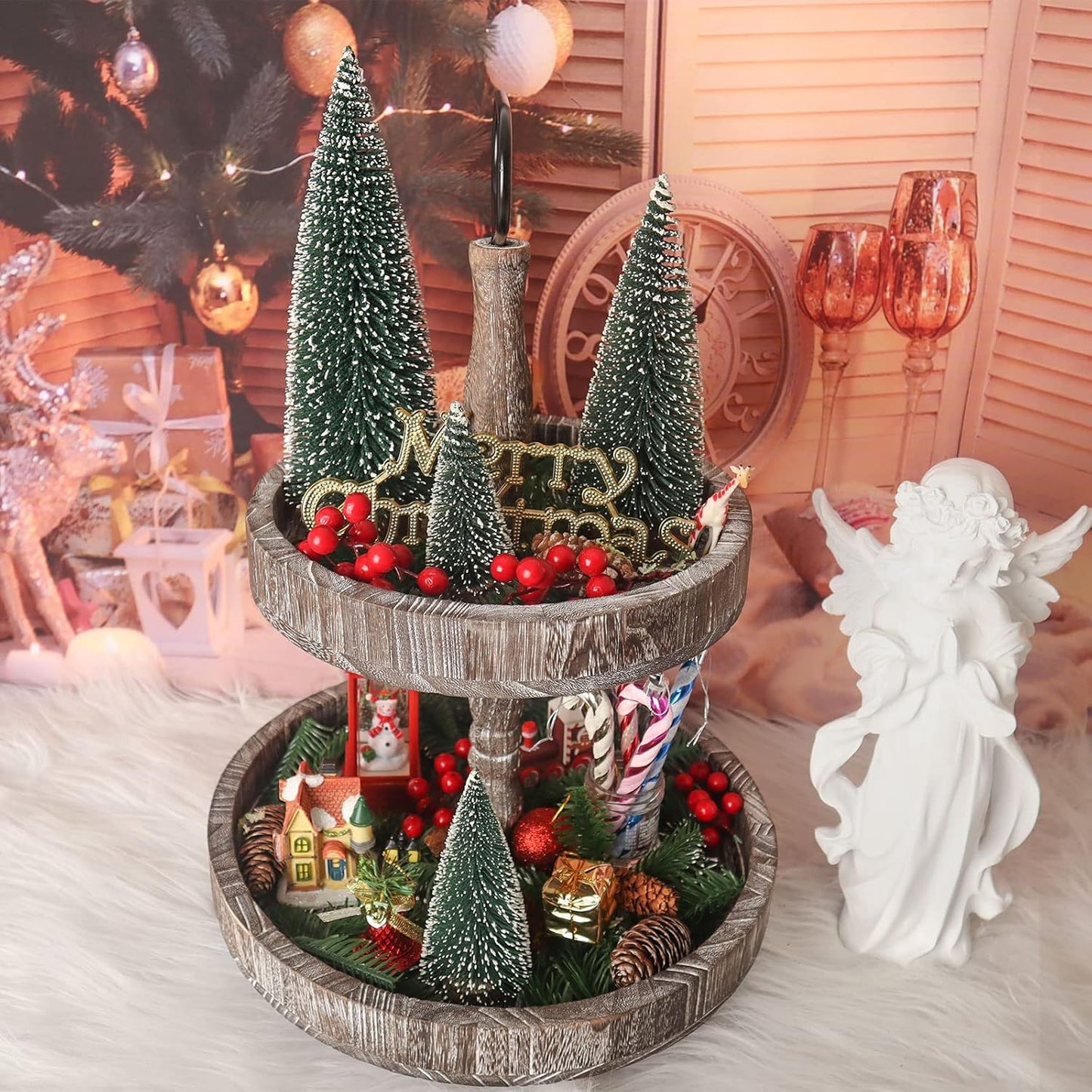 Skiennix Mini Christmas Tree - Small Pine Tree with Wooden Base for Holiday Table Decor | Green (4pcs)