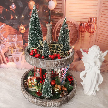 Skiennix Mini Christmas Tree - Small Pine Tree with Wooden Base for Holiday Table Decor | Green (4pcs)