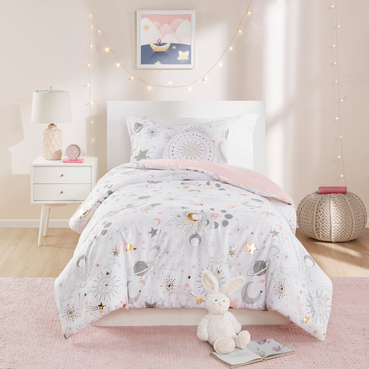Mi Zone Kids Twin Comforter Set, Celestial Metallic Comforter Set Starry Sky, Moon & Sun Comforters, All Seasons Lightweight & Fluffy Comforter Bed Set, 1 Sham, Celia, Twin, Blush/Gold 3 Piece