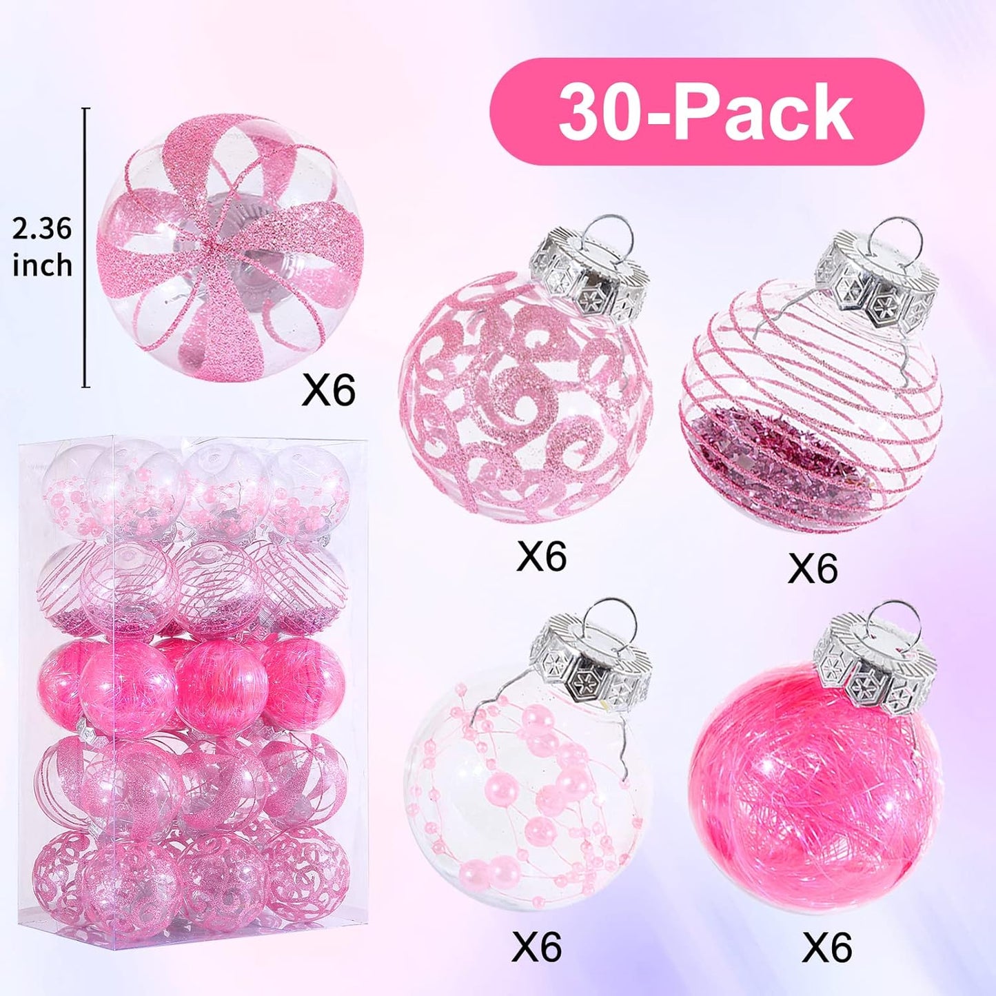 Skiennix Christmas Ornaments Set - 30pcs Clear Shatterproof Pink Baubles for Holiday Tree Decor