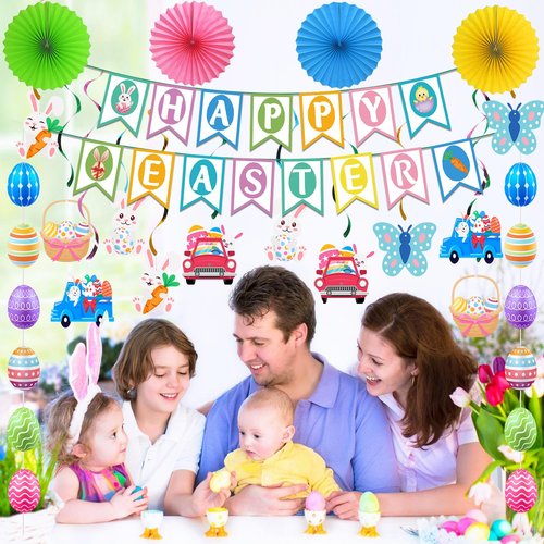 32Pcs Easter Decorations Easter Decor Happy Easter Banner Egg Bunny Garland Hanging Swirl for Home Office School Classroom Themed Party Decorations