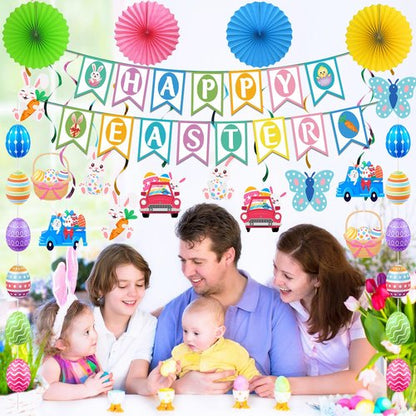 32Pcs Easter Decorations Easter Decor Happy Easter Banner Egg Bunny Garland Hanging Swirl for Home Office School Classroom Themed Party Decorations