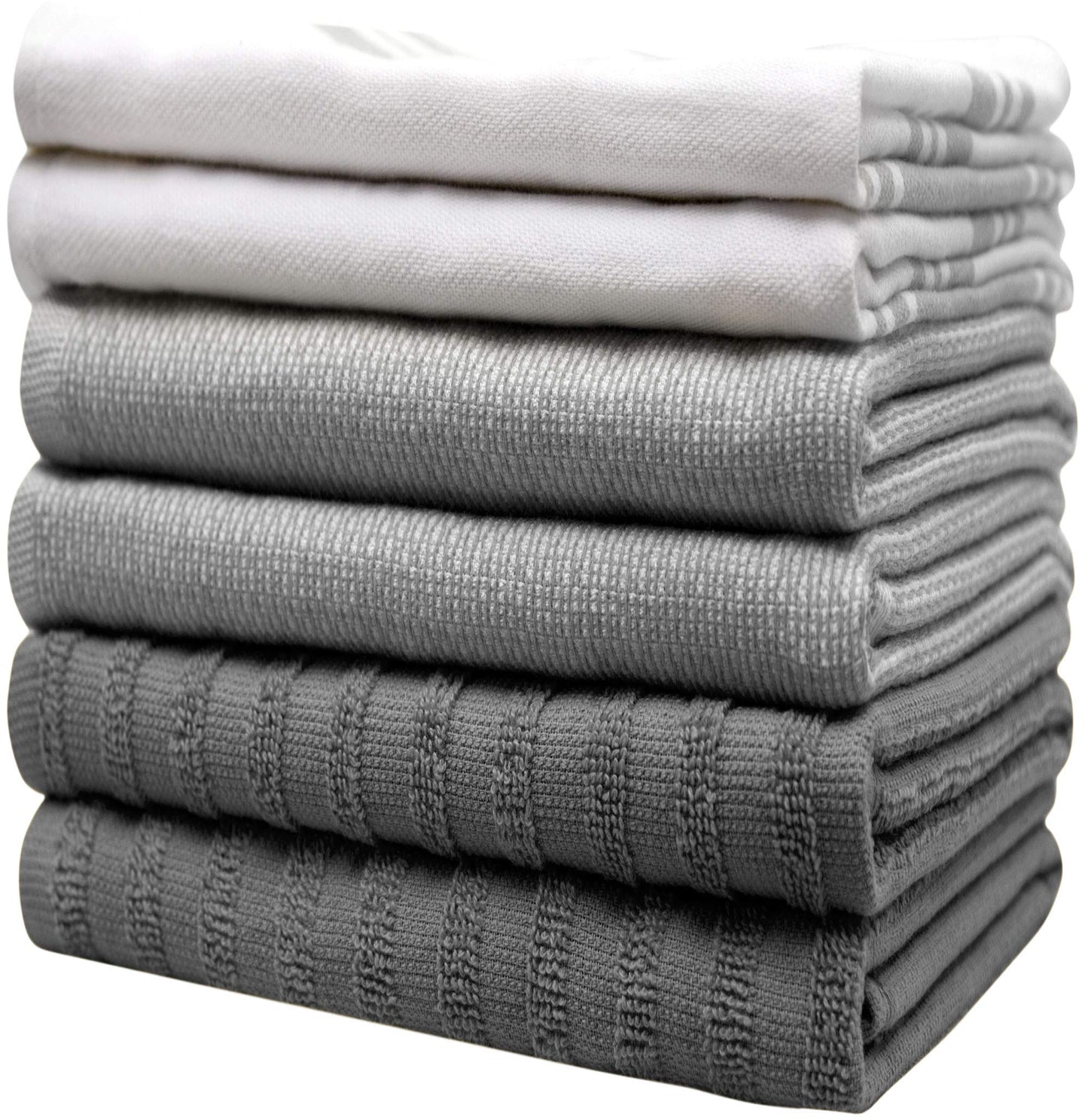 Premium Kitchen Towels (20”x 28”, 6 Pack) | Large Kitchen Hand Towels | Kitchen Towels Cotton | Flat & Terry Towel | Highly Absorbent Tea Towels Set with Hanging Loop | Wide Stripe Grey