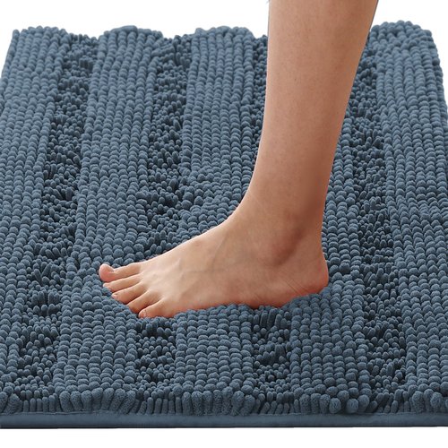 H.VERSAILTEX Bath Mats for Bathroom Non Slip Thick Chenille Striped Bath Rug Absorbent Fluffy Soft Shaggy Rugs Washable Dry Fast Plush Mats for Indoor, Bath Room, Tub - 20" x 32", Blue Indigo