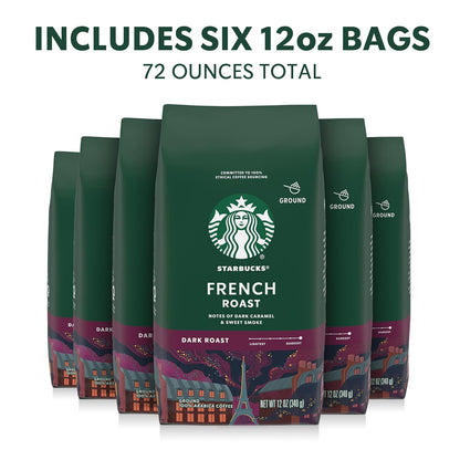 Starbucks Ground Coffee - Dark Roast French Roast for Hot or Iced Coffee | Six 12 oz Bags