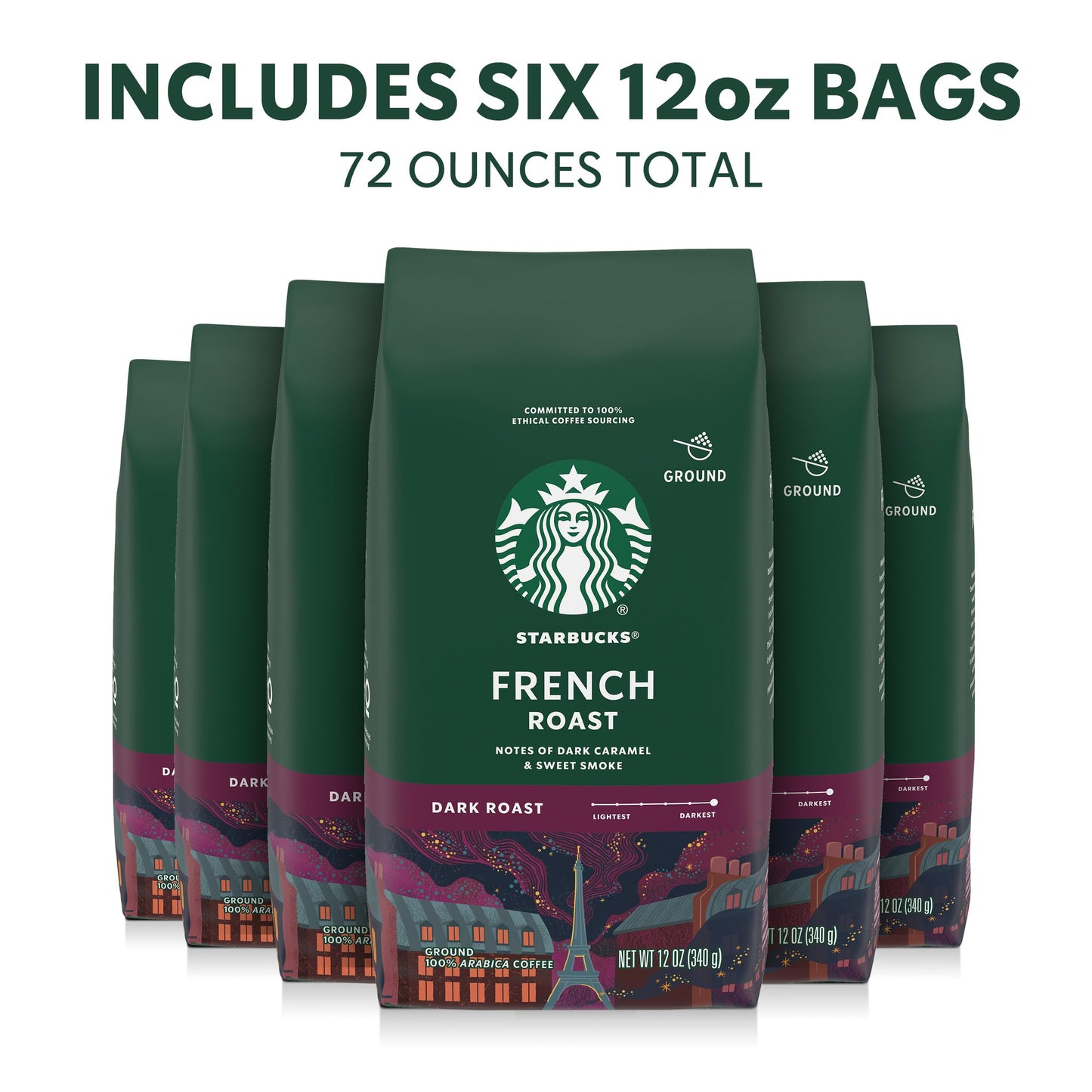 Starbucks Ground Coffee, Dark Roast Hot or Iced Coffee, French Roast, Six 12 oz Bags