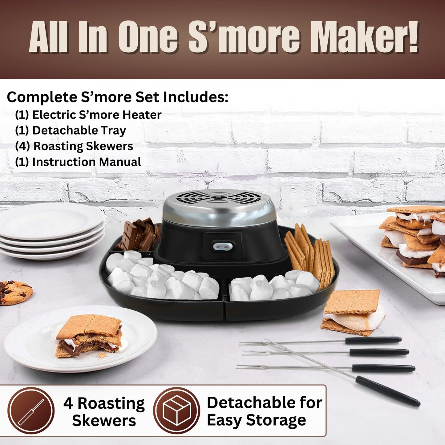 S'MORES GALORE™ Electric Smores Maker Tabletop Indoor - Perfect Family Smore Maker All Year Long - Indoor Marshmallow Roaster Smores Kit & Serving Tray - Electric S'mores Maker w/4 Skewers