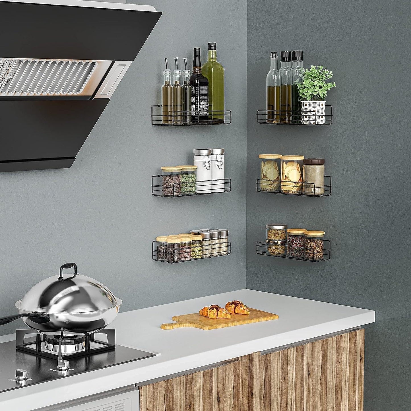 Moforoco Spice Rack Organizer - Wall-Mounted 6-Pack Black Shelves for Kitchen Storage & Decor