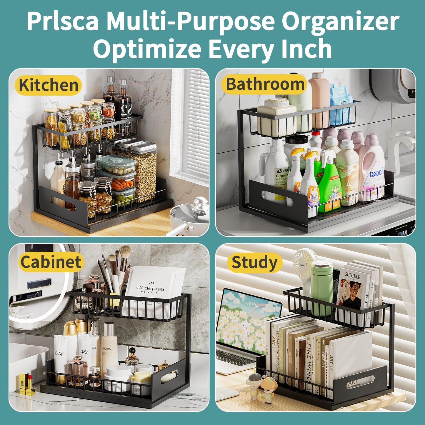 Prlsca Under Sink Organizer, Pull Out Cabinet Organizer 2-Tier Pull Out Sink Shelf Cabinet Storage Shelves, Under Sink Storage for Kitchen Bathroom Cabinet (2 PACK)